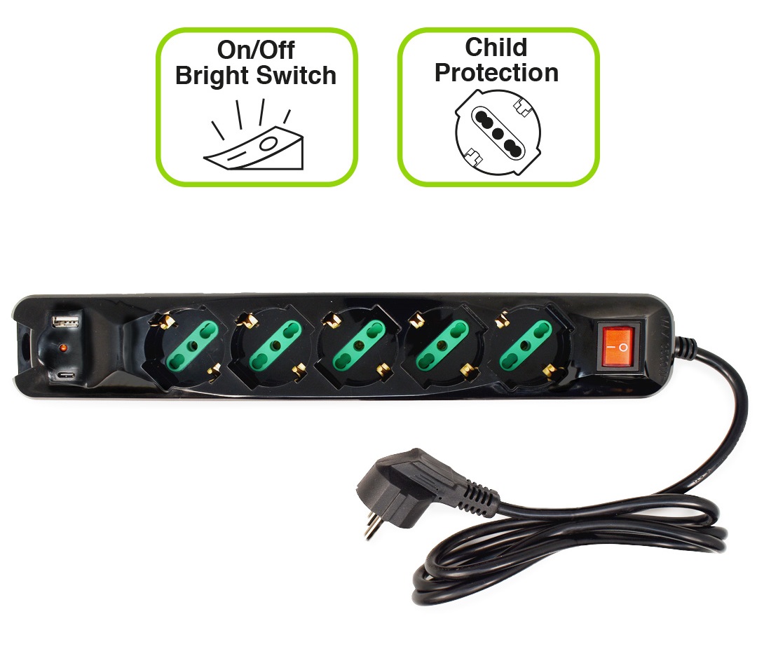 PRESA MULTIPLA TECNOWARE 5 SCHUKO 1*USB-A 1*USB-C INTERRUTTORE NERA